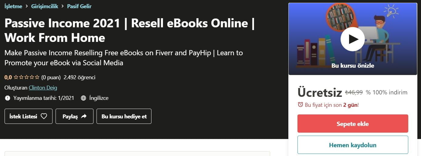 Passive Income 2021 | Resell eBooks Online free Udemy coupon 100% free.
İnternette kitap satarak para kazanma nasıl olur ücretsiz udemy kursu https://huglero.com