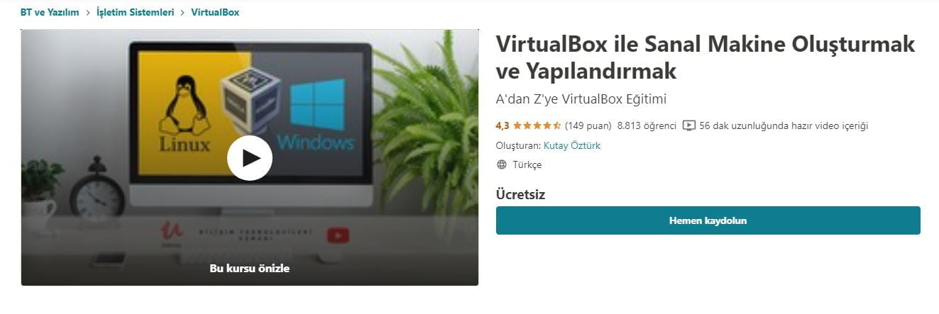 Ücretsiz VirtualBox ile Sanal Makine Oluşturmak ve Yapılandırmak Udemy kursu https://huglero.com