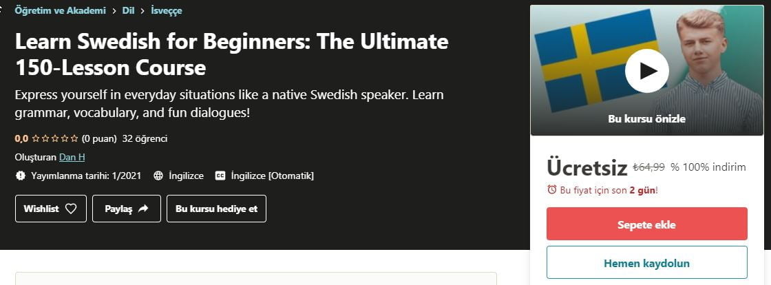 Yeni Başlayanlar İçin İsveççe Öğrenin | Udemy ücretsiz İsveççe kursu | Learn swedish for beginners free udemy course coupon https://huglero.com