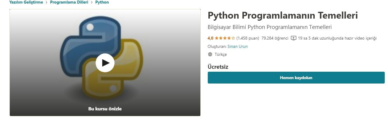 Ücretsiz Udemy Python Programlamanın Temelleri kursu türkçe https://huglero.com