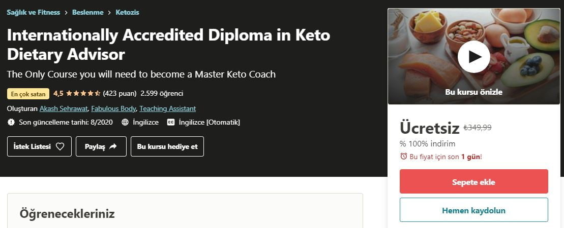 Internationally Accredited Diploma in Keto Dietary Advisor free udemy course | Udemy Keto Diyet Danışmanlığı Uluslararası geçerli Diploma kurs kodu https://huglero.com