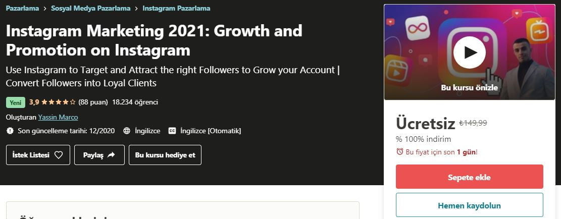 Instagram Marketing 2021: Growth and Promotion on Instagram free udemy course | Instagram Pazarlama 2021: Instagram'da Büyüme ve Promosyon kursu ücretsiz kupon kodu https://huglero.com
