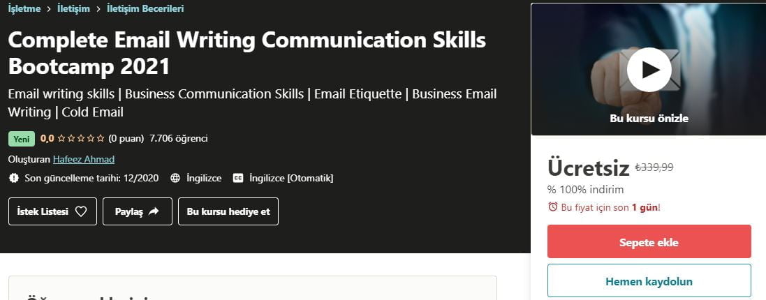 Complete Email Writing Communication Skills Bootcamp 2021 free udemy course | Baştan sona e-mail Yazma İletişim Becerileri Eğitim Kampı 2021 ücretsiz Udemy kuponu https://huglero.com