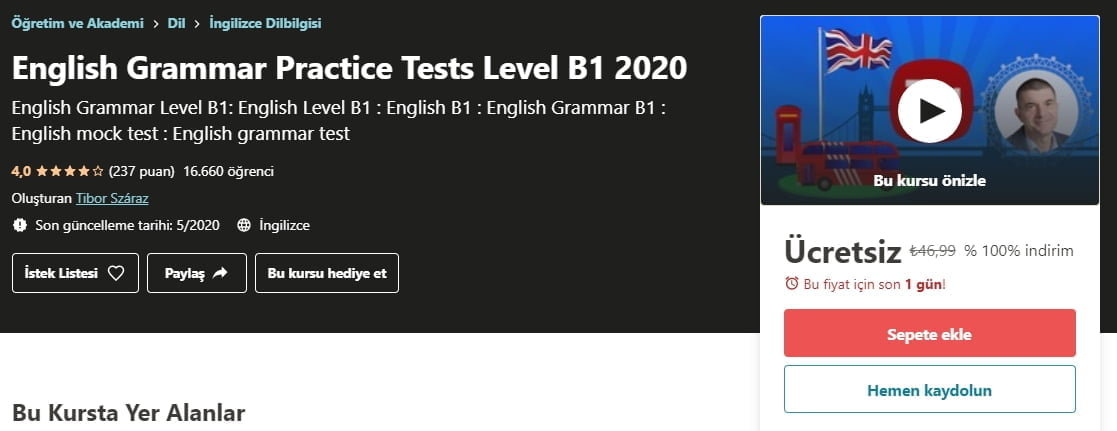 English Grammar Practice Tests Level B1 2020 free course coupon UDemy | İngilizce Dilbilgisi Uygulama Testleri Seviye B1 Udemy Ücretsiz kupon https://huglero.com