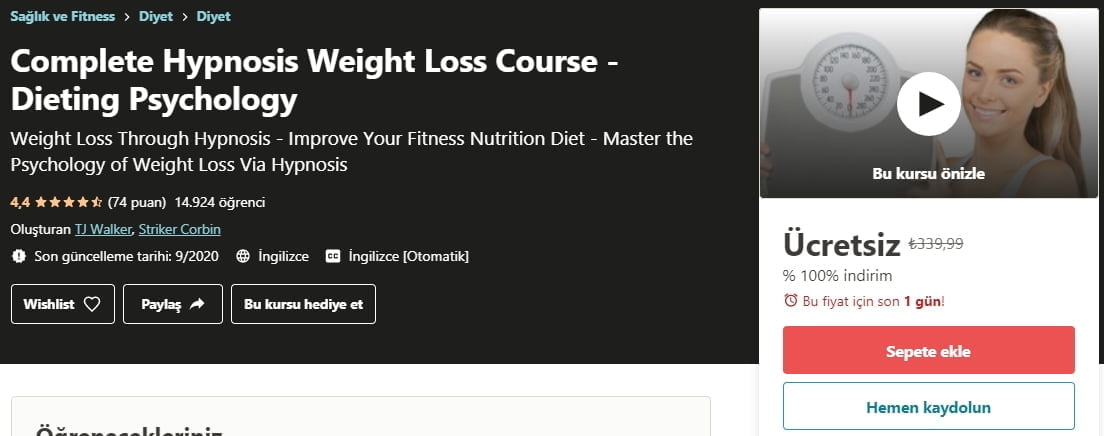 Complete Hypnosis Weight Loss Course - Dieting Psychology free udemy 2020 courses | Udemy Ücretsiz Hipnoz ile Kilo Verme Kursu - Diyet Psikolojisi ücretsiz kurs https://huglero.com