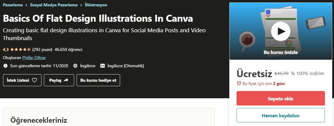 Basics Of Flat Design Illustrations In Canva free course of udemy UK | Canva'da Düz Tasarım Resimlerinin Temelleri ücretsiz 2021 udemy kursu https://huglero.com