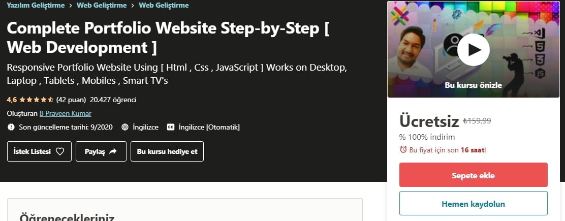 Comple te Portfolio Website Step-by-Step [ Web Development ]  Adım Adım Portföy Web Sitesini Tamamlayın [Web Geliştirme] udemy ücretsiz kurs kuponu https://huglero.com