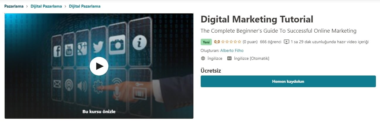 Dijital Pazarlama Eğitimi Udemy ücretsiz kursu | Digital Marketing Tutorial free udmi https://huglero.com